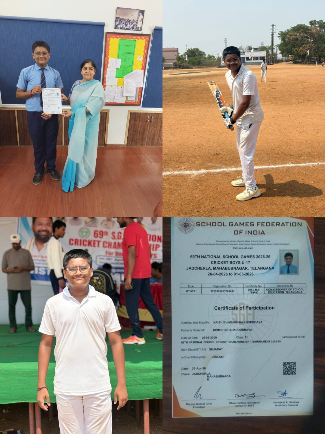 Krish khodbhaya of class 12 participates in 69 National school Cricket championship held at Telangana